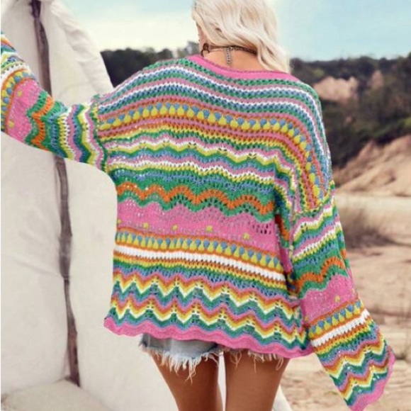 striped crochet knit rainbow 70s groovy vintage style sweater - Picture 2 of 3